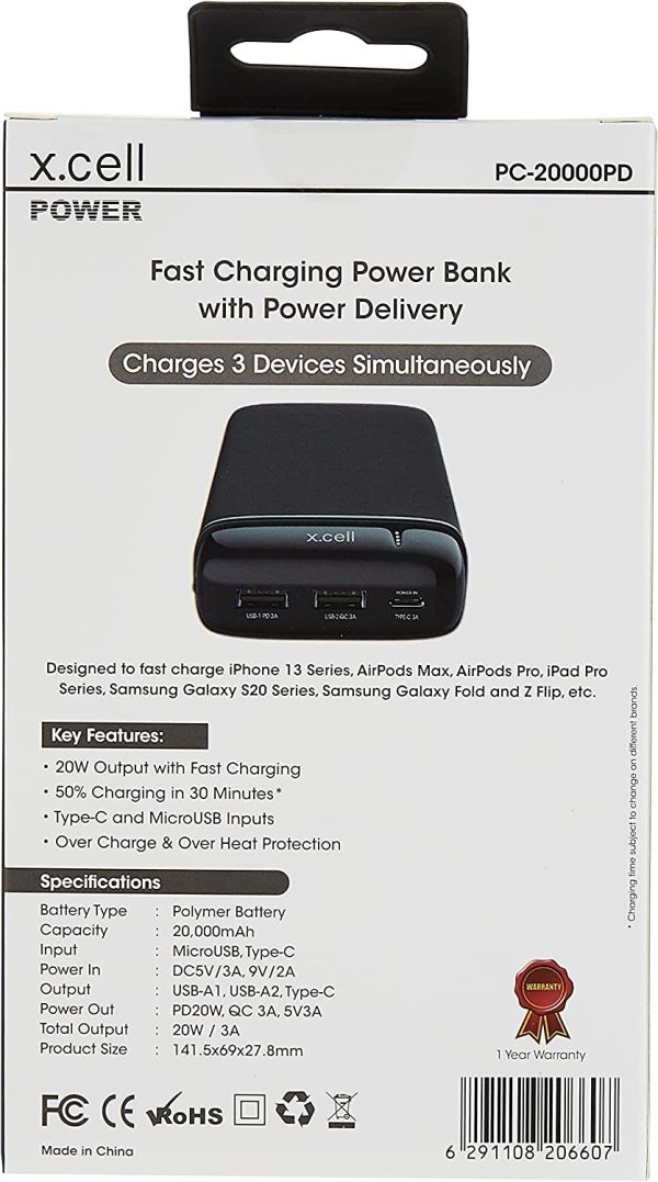 X.CELL Fast Charging Power Bank with Power Delivery USB-C 20W 20000mAh - Image 2